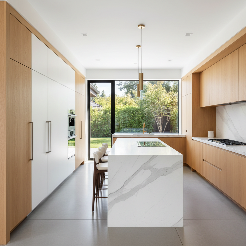 Upscale kitchen with integrated refrigerator